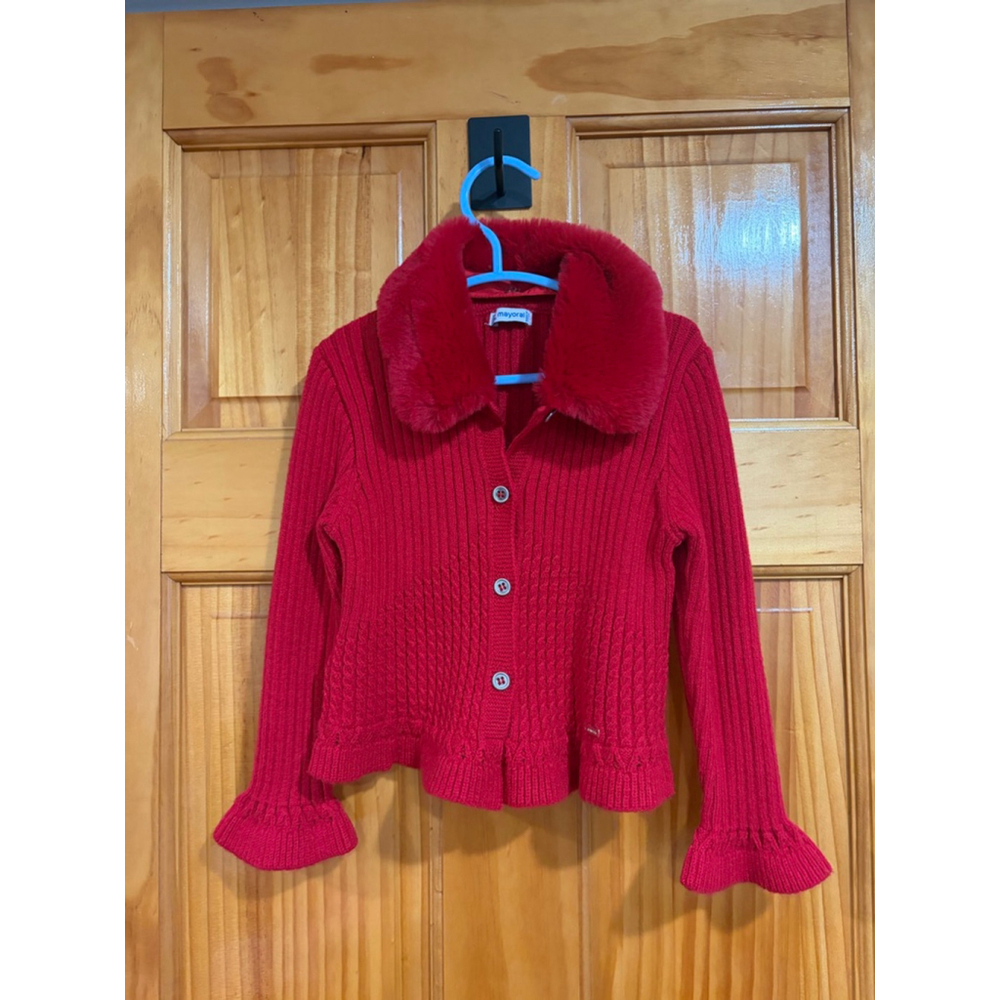 Mayoral Red Ribbed Cardigan Faux Fur Collar Dressy Holiday Kids 3Y